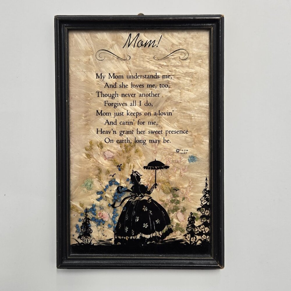 1938 Fisher Silhouette “Mom” Framed Picture – Vintage Mother Poem Wall Art
